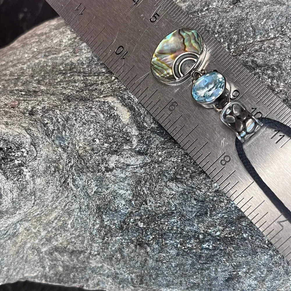 Vintage Estate Abalone and Blue Topaz Stone Pendant Necklace 925 Sterling Silver